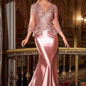 3/4 long sleeve dusty rose mother of the bride dress.Formal wedding guest pink